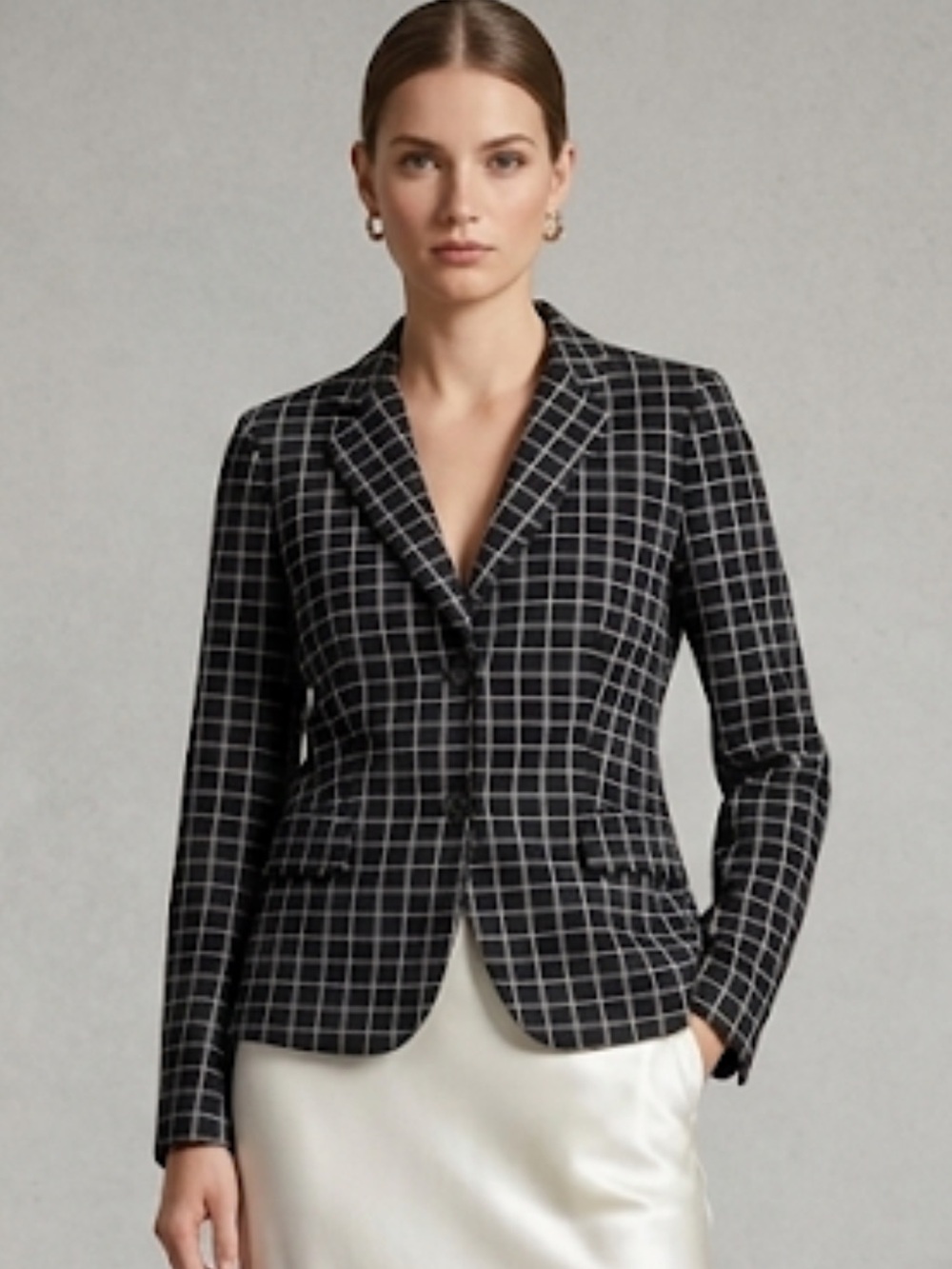 MaxMara Black and White Windowpane Cotton Stretch Fitted Blazer Jacket Large